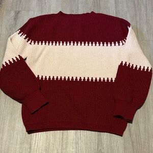 Women's Color Block Ribbed Crew Neck Sweater in Wine and Cream